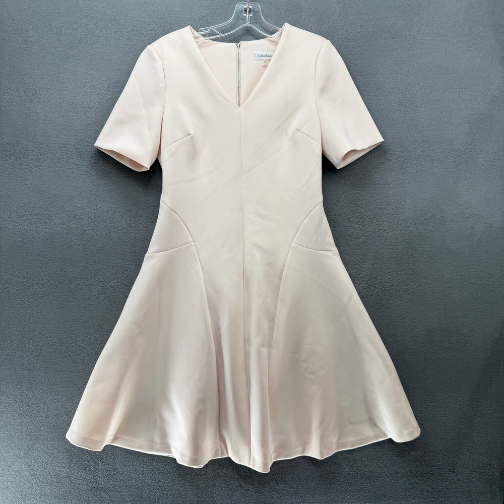 Calvin Klein Dress Womens 6 Blush Pink V-Neck Short Sleeve Fit and Flare